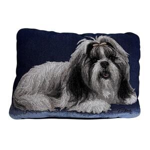 Vintage Picken Shih Tzu Dog Woven Tapestry Throw Pillow Blue Jacquard Puppy